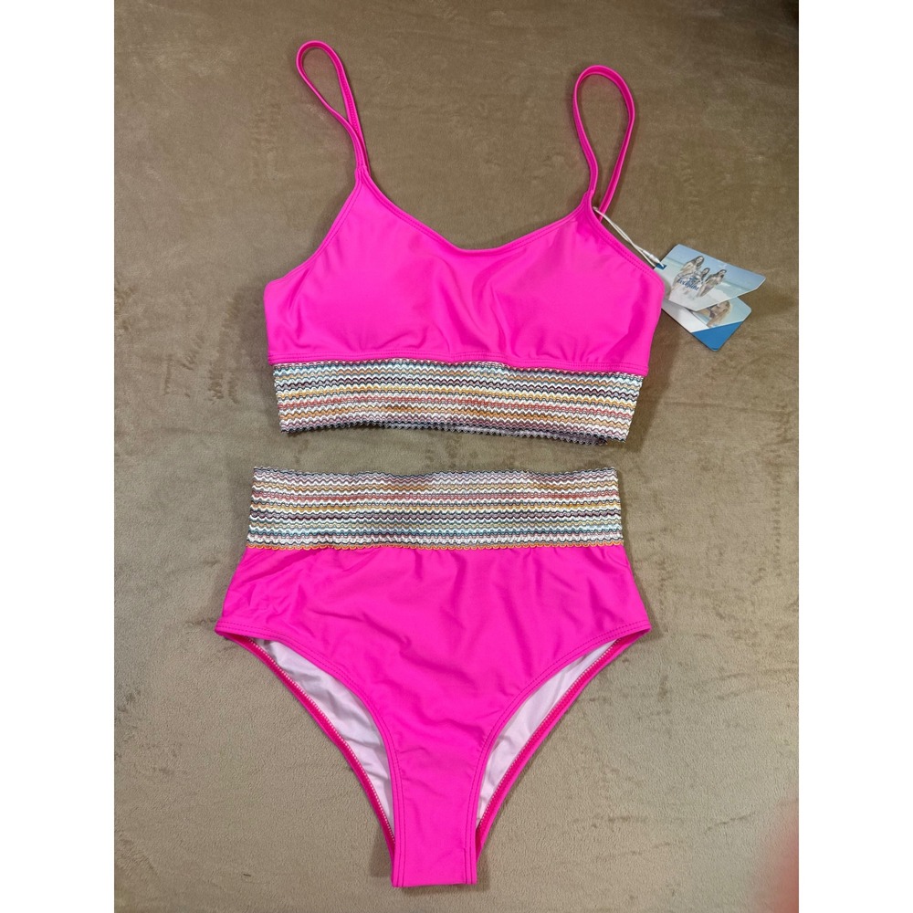 Women Hot Pink High Waisted Bikini Set Multi Color Chevron Trim Size M New